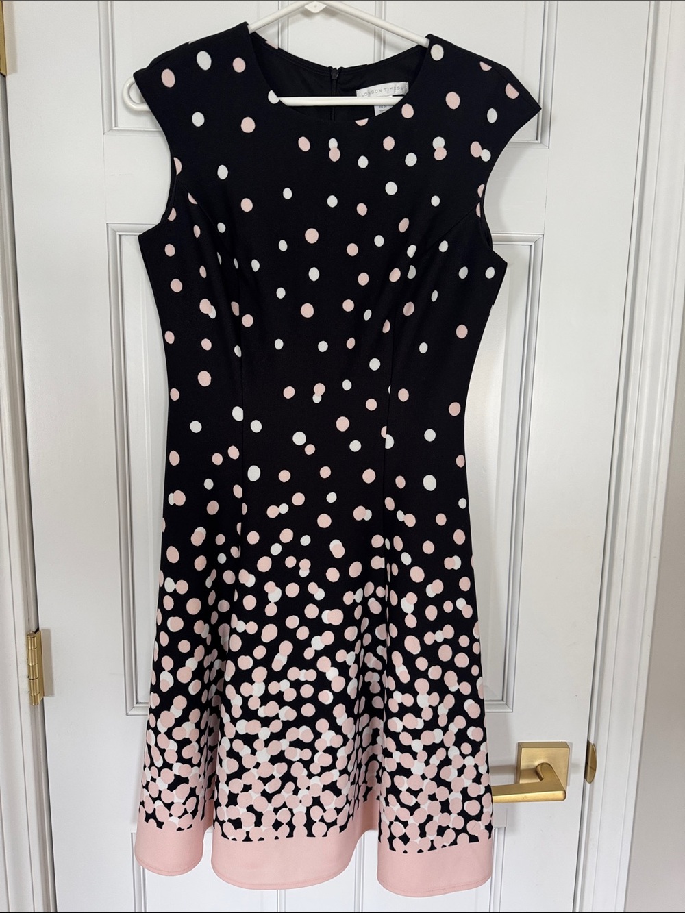 London Times Black Dress with Pink and White Polka Dot Print